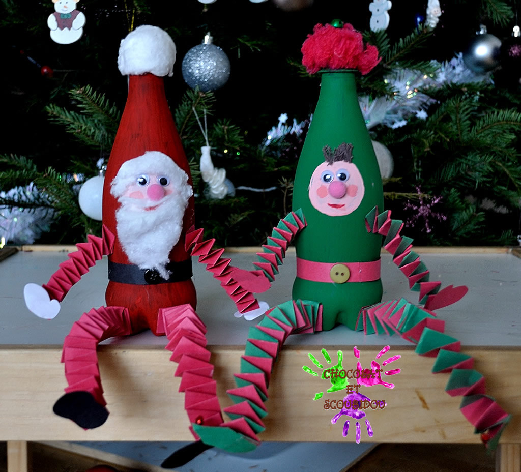 Père Noël et son Lutin en bouteilles Chocolat et Scoubidou